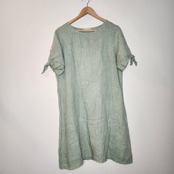 Terzo Millennio Womens Large Green 100% Linen Dress Tie Sleeves - Picture 1 of 8